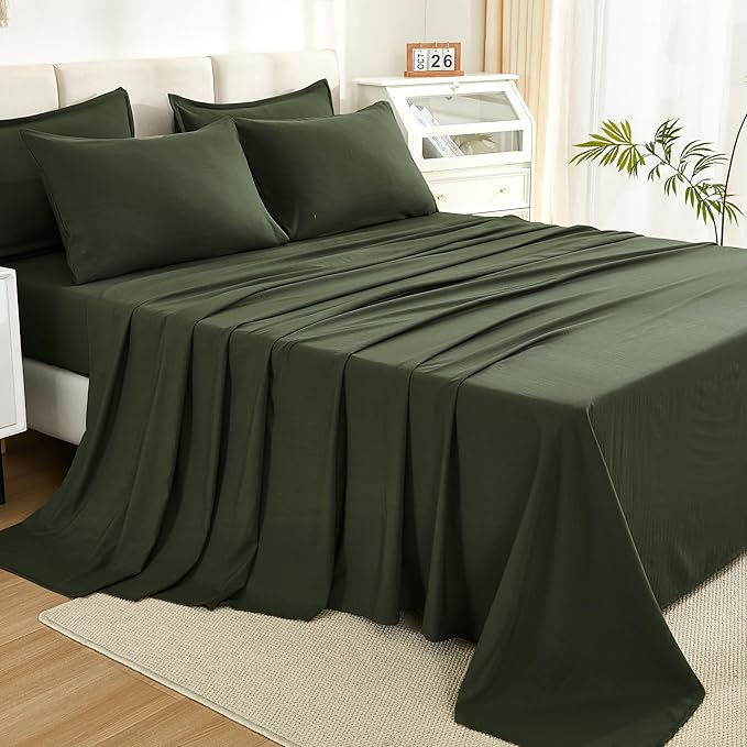 Litanika Dark Olive Green King Size Comforter Set - 7 Pieces Bed in a Bag King Bedding Comforter Sets, Plain Lightweight Bed Set with Comforter, Sheets, Pillowcases & Shams