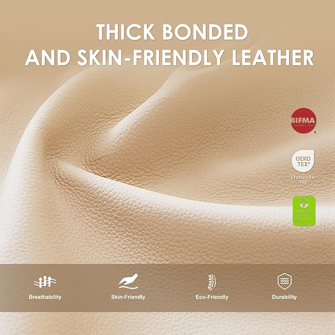 COLAMY Office Chair with Retractable Footrest, Ergonomic High Back Design Executive Computer Desk Chair with Removable Lumbar Pillow, 90-135°Reclining, Thick Bonded Leather, 2 PCs, Khaki