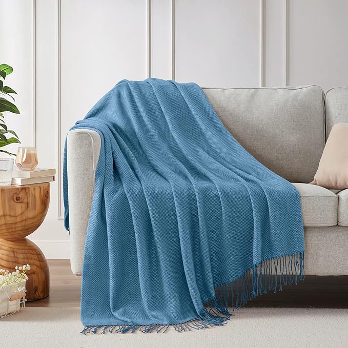 BOURINA Herringbone Two Tone Throw Blanket Faux Cashmere Fringe Soft Lightweight Cozy for Bed Couch Decorative Throws Blanket, Spa Blue, 50" x 60"
