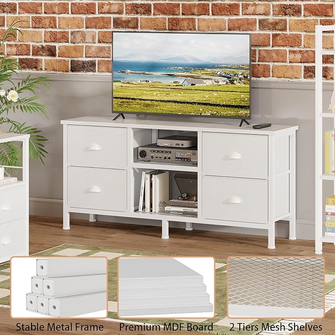 Furologee TV Stand Dresser with 4 Drawers, Entertainment Center with Open Shelf, Small Television Stands for 50" TV, Media Center for Bedroom, Living Room/White
