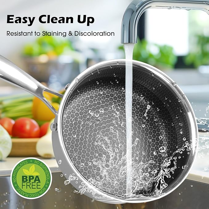 2 Quart Nonstick Saucepan with Glass Cover, Stainless Steel Induction Sauce Pan with Honeycomb Carving, Non-stick Sauce Pot, Compatible with All Cooktops, Dishwasher Safe