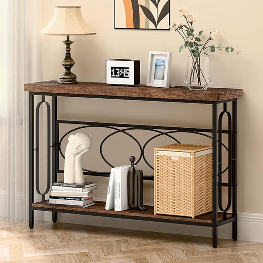 Industrial Console Table for Entryway, Rustic Console Table Behind Couch, 2 Tier Sofa Tables for Home Living Room, Hallway, Entrance, with Metal Frame(48 inches)