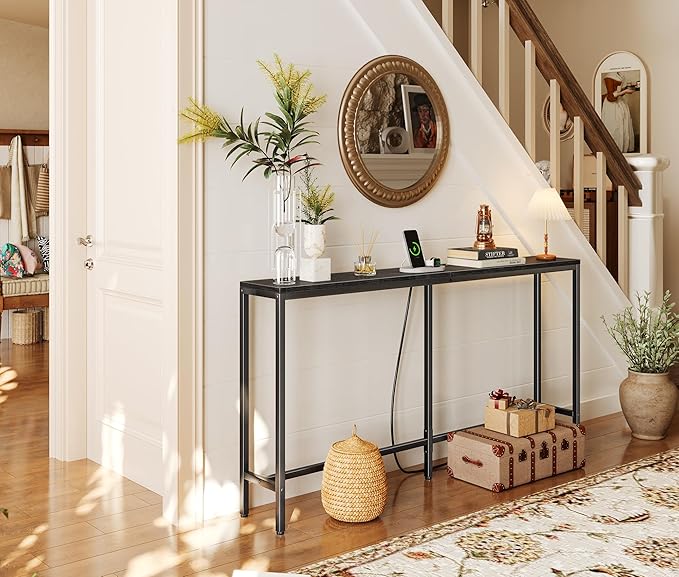 SUPERJARE Console Table with Outlet, 63 Inch Sofa Table with Charging Station, Narrow Entryway Table, Skinny Hallway Table, Behind Couch Table, for Living Room, Plants, Black