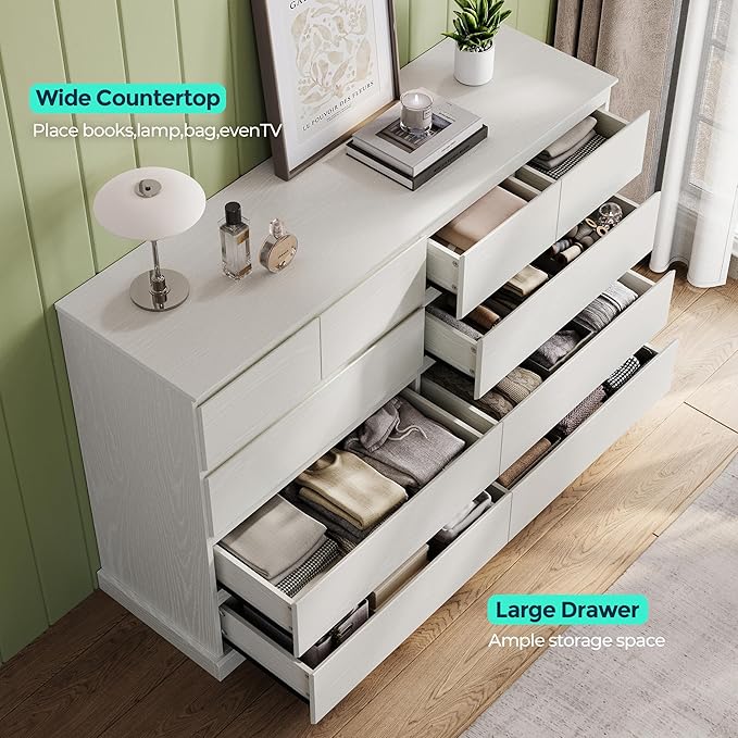 LINSY HOME 10 Drawer Dresser for Bedroom, 53" Wide Chest of Deep Drawers, Modern Farmhouse TV Stand Dressers with Storage, Large Drawer Organizer for Bedroom, Living Room, Handless Design, White