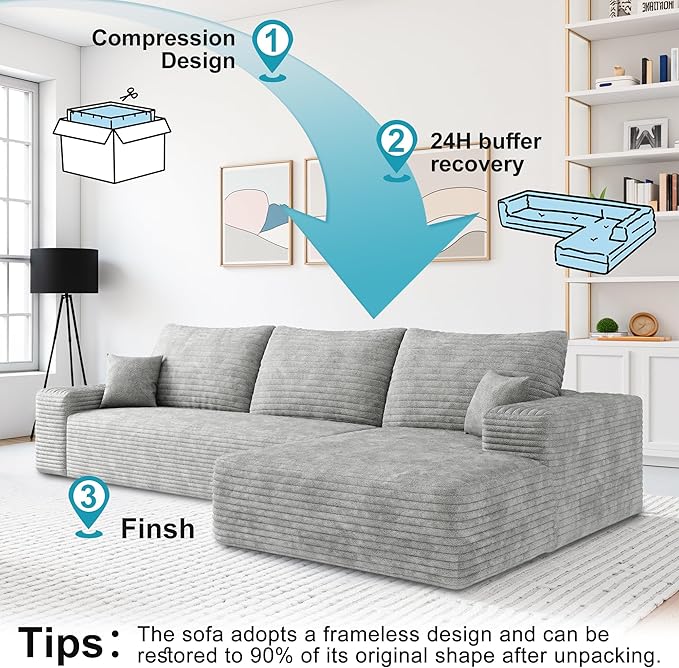 Sectional Couches for Living Room 112" L-Shape Cloud Couch Modern Modular Sectional Sofa Bad, Boneless Couch with Right Deep Seat, No Assembly Required (Plush Corduroy Fabric, Grey)