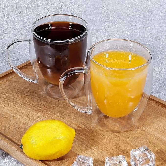 Clear Glass Double Wall Insulated Round Coffee Mugs Set of 6 Pieces - Medium Size 12oz Best Reusable Coffee Mug for Home Cafe Restaurant Perfect for Espresso Capucinno Lungo Latte Coffee