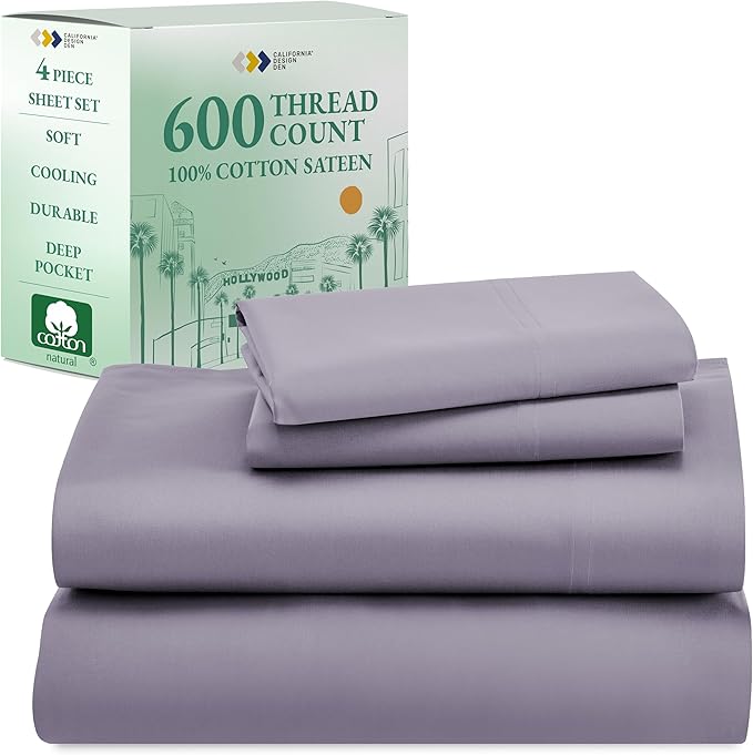 California Design Den - Luxury Full Size Sheet Set - 100% Cotton, 600 Thread Count Deep Pocket Full Size Bed Sheets, Hotel-Quality Cooling Sheets with Sateen Weave - Lavender