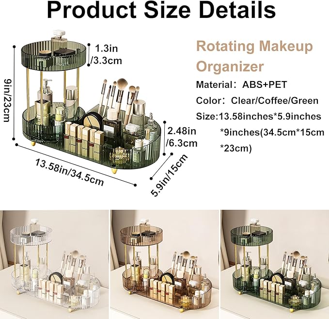 DASITON 360° Rotating Makeup Organizer for Vanity, 2 Tier Perfume Cosmetic Skincare Organizers with Makeup Brush Holder, Large Capacity Cosmetic Display Case for Bedroom Bathroom Countertop (Green)