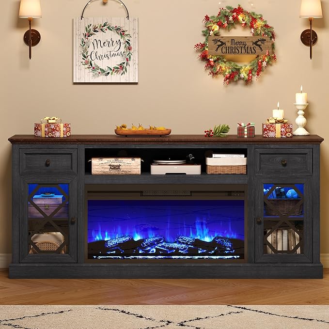 Farmhouse 70" Fireplace TV Stand with 37" Electric Fireplace, Large LED Entertainment Center with Storage for 80" TVs, TV Console Cabinet with Diamond Door for Living Room, Dark Grey