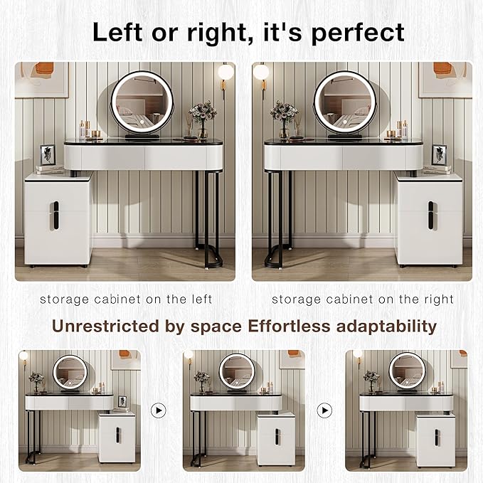 Small Vanity Desk with Mirror and Lights| Modern Makeup Vanity Table with Adjustable Nightstand and 4 Storage Drawers| Black and White Dressing Table for Bedroom Space