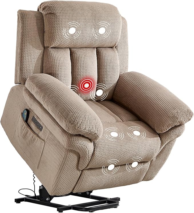 Phoenix Home Oversize Power Lift Recliner Chair with Heat & Massage for Elderly, Extra Large Electric Chair for Adult, Recliners for Living Room,2 Side Pockets, USB and Type-C Port, Light Brown