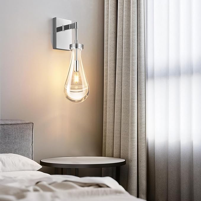 Raindrop Wall Sconces Chrome Sconces Wall Decor Modern Brass Wall Lighting Glass Bathroom Sconces Indoor Vanity Light Wall Lamp for Bedroom Living Room Stair (1 Pack)