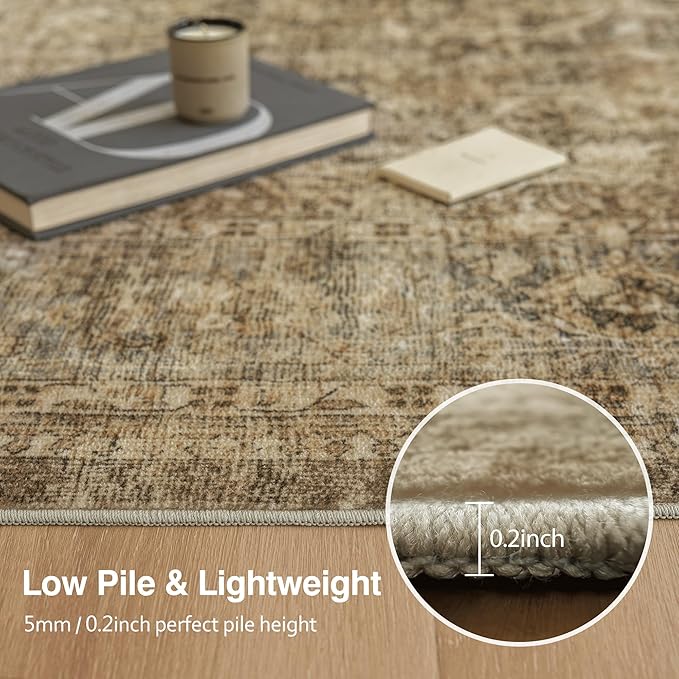 FMFUNCTEX 9x12 Washable Area Rug Brown Vintage Neutral Distressed Large Non Slip Carpet for Living Room Bedroom Soft Low Pile Indoor Mat Retro Floral Throw Rug for Dining Room Kitchen Office Nursery