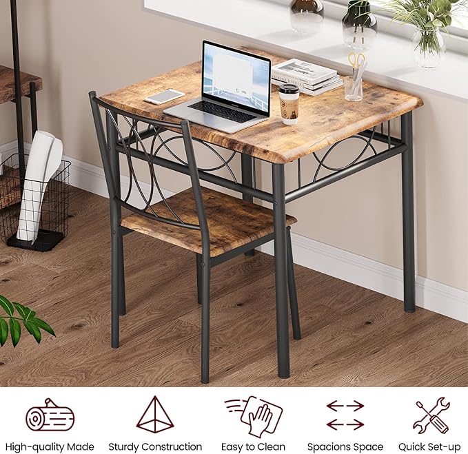 Dining Table Set for 2, Kitchen Table with 2 Chairs, Wood 3-Piece Kitchen Dining Room Table Set for Apartment, Small Space, Space Saving, Retro Brown