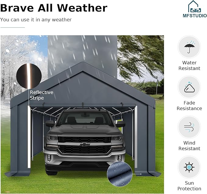 MFSTUDIO Outdoor Carport 13x24 ft, Portable Storage Sheds Shelter Garages Heavy Duty Canopy with Rolled up Zipper Doors and Sidewalls, Outside Utility Shed Garage Car Tent for Boat Truck and Tools