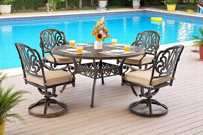 5 Piece Outdoor Dining Set Cast Aluminum, Retro Patio Dining Furniture Set for 4 Includes 54’’ Round Table 4 Swivel Chairs with Thicker Cushion and Umbrella Hole for Patio Deck Garden