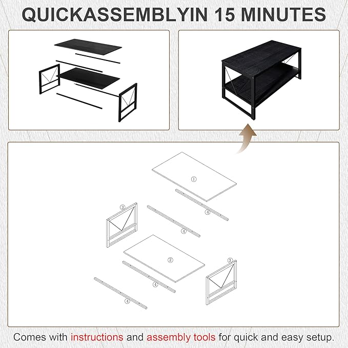 Rectangle Coffee Table Tea Table with Storage Shelf, Farmhouse Wooden Coffe Table for Living Room Table, 40" Rustic Center Table 2-Tier Minimalist Coffee Table Easy Assembly (Black)
