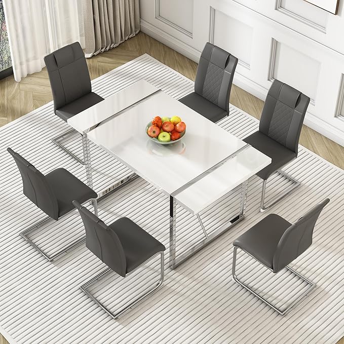 Dining Table Chairs Set for 6, Modern Rectangular Dining Room Table Set PU Leather Upholstered Dining Chairs 55" Dinner Table Set for Kitchen, Dining Room (Dining Table Set for 6, Grey)
