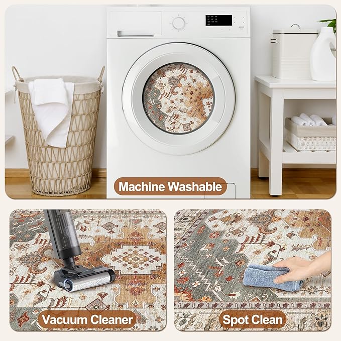 Tangsoo Area Rug 3x5 Bedroom Rug, Washable Vintage Rugs Indoor, Non Slip Accent, Print Distressed Turmeric Carpet, Soft Low Pile Rug for Living Room Dorm Bedroom Bedside Entryway Bathroom