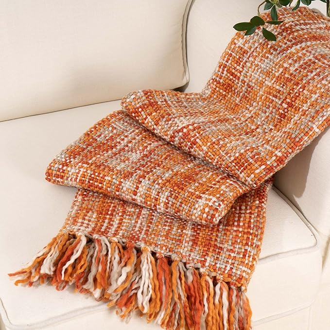 BATTILO HOME Burnt Orange Fall Throw Blanket for Couch Bed, Fall Decorations for Home, Colorful Farmhouse Throw for Autumn Halloween, 50"x60"