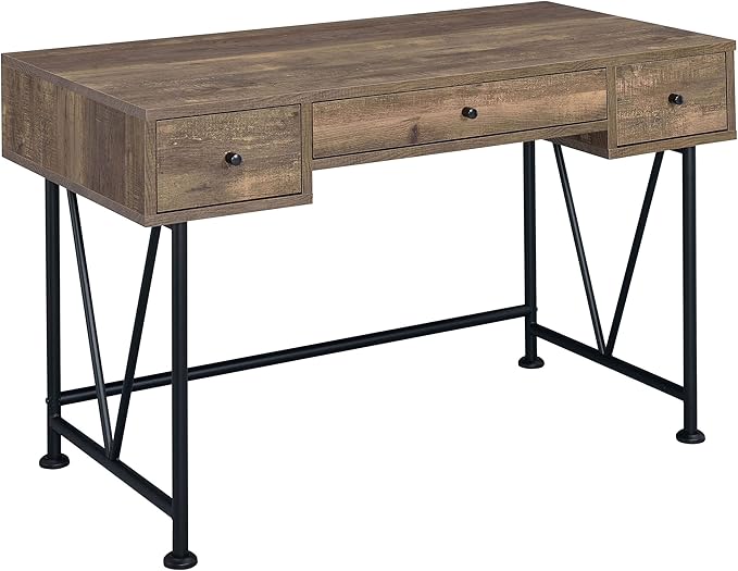 Coaster Furniture Analiese Farmhouse 3 Drawer Home Office Writing Desk Black Metal Base Rustic Oak Brown 802541