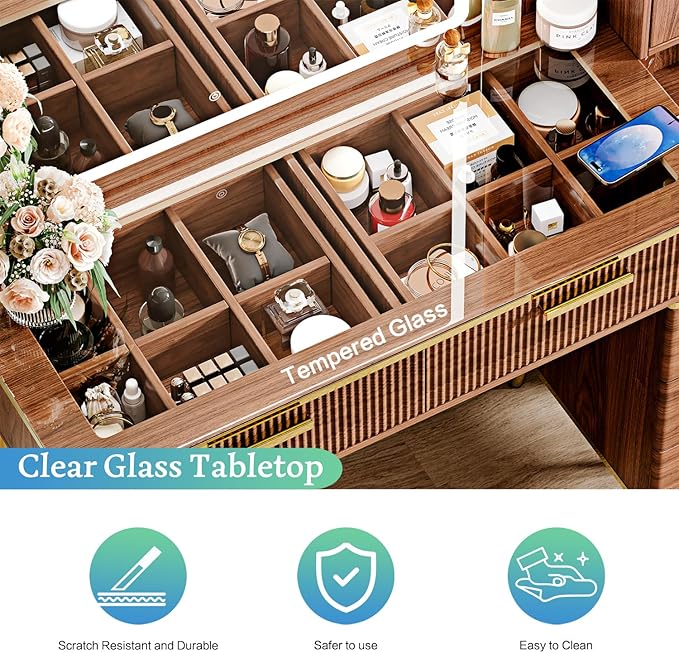 Vanity Desk with 29.53" HD Lighted Mirror, 47.24" Big Modern Vanity Desk with Mirror and Lights, Makeup Vanity with 5 Drawers and Storage Shelves and Charging Station, Walnut1