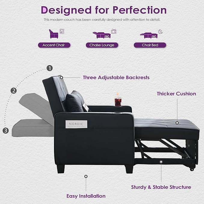 TYBOATLE Leather Convertible Sleeper Chair Bed for Adults, 3-in-1 Pull Out Sofa Chair Bed with USB/Type-C Ports, Cup Holders, Side Pockets, Single Sofa for Living Room, Bedroom, Office (Black)