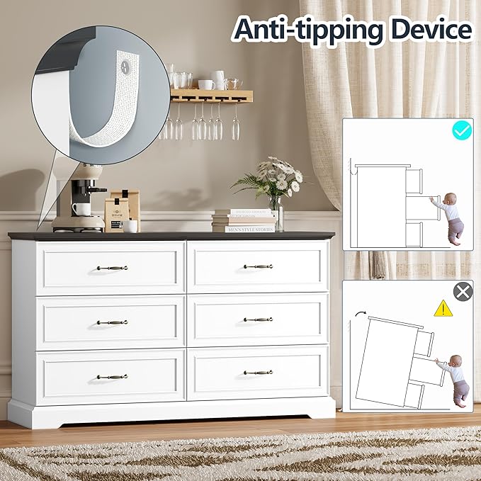 Dresser for Bedroom with 6 Drawer, Farmhouse Dresser for Closet, 53'' Wide Rustic Wooden Chest of Drawers with Natural Wood Texture, Vintage Storage Organizer for Living Room, Hallway, White