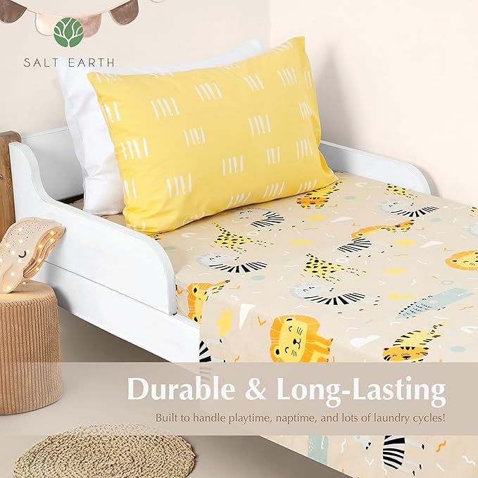 Salt Earth 100% Cotton 210TC Kids Bedsheet, Twin Sheets Set, Toddler Bed, 3 Piece Bedding Set Including Flat Sheet, Fitted Sheet & Pillowcase, Themed Cute Sheets Kids Bed (Summerland/Yellow Pillow)