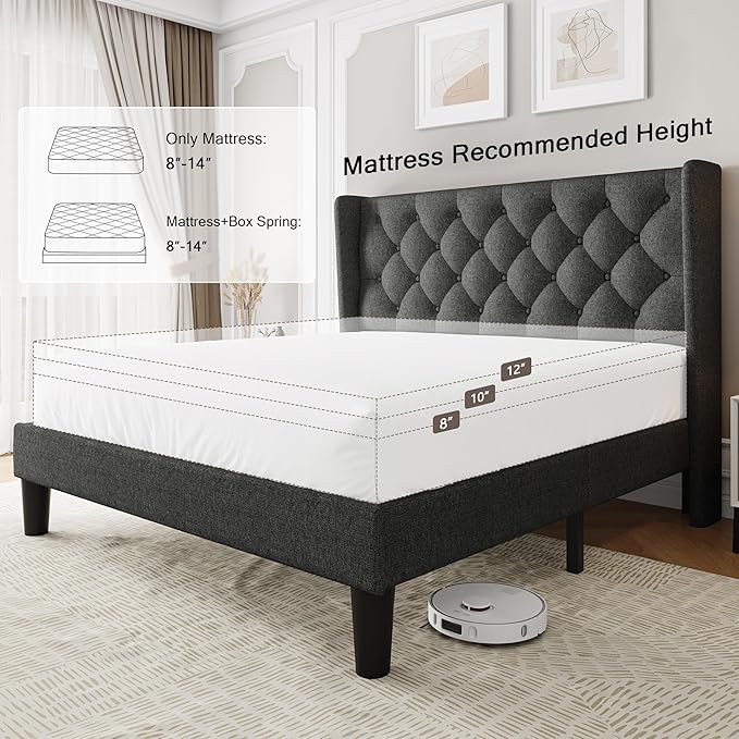 Queen Size Upholstered Bed Frame with Wingback Headboard, Fabric Linen Platform Bed, 8" Under Bed Storage, Wooden and Metal Slats Support, Noise Free, No Box Spring Needed, Dark Grey