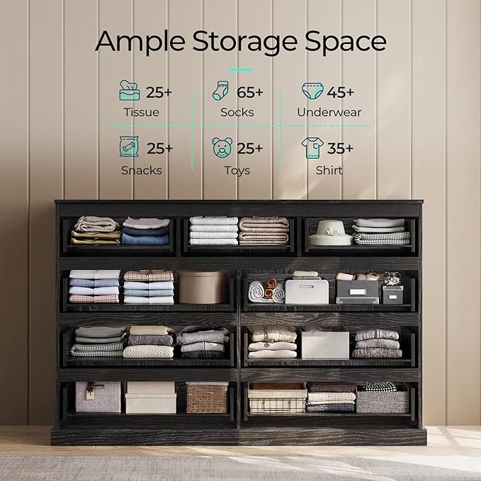 LINSY HOME 9 Drawer Dresser for Bedroom, 53" Wide Chest of Deep Drawers, Modern Farmhouse TV Stand Dressers with Storage, Large Drawer Organizer for Bedroom, Living Room, Handless Design, Black