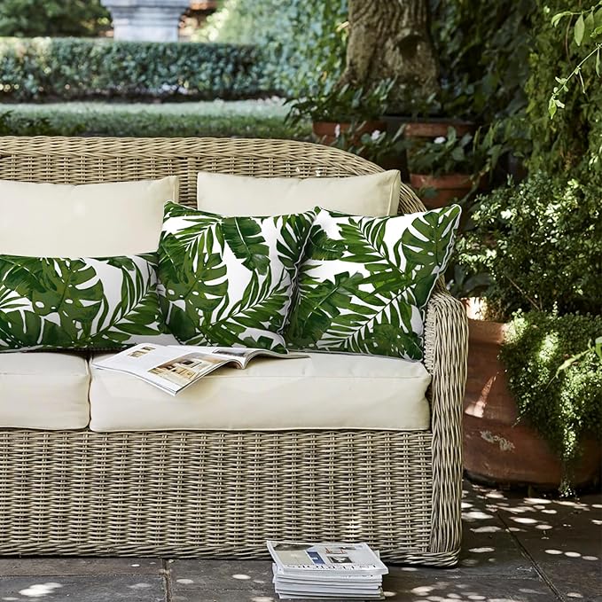 LVTXIII Set of 2 Patio Throw Pillows Waterproof 16"x16" Fade Resistant Outdoor Throw Pillows with Inserts, Fluffy Decorative Garden Toss Pillow Cushions for Home Patio Coach Sofa Use, Palms Green