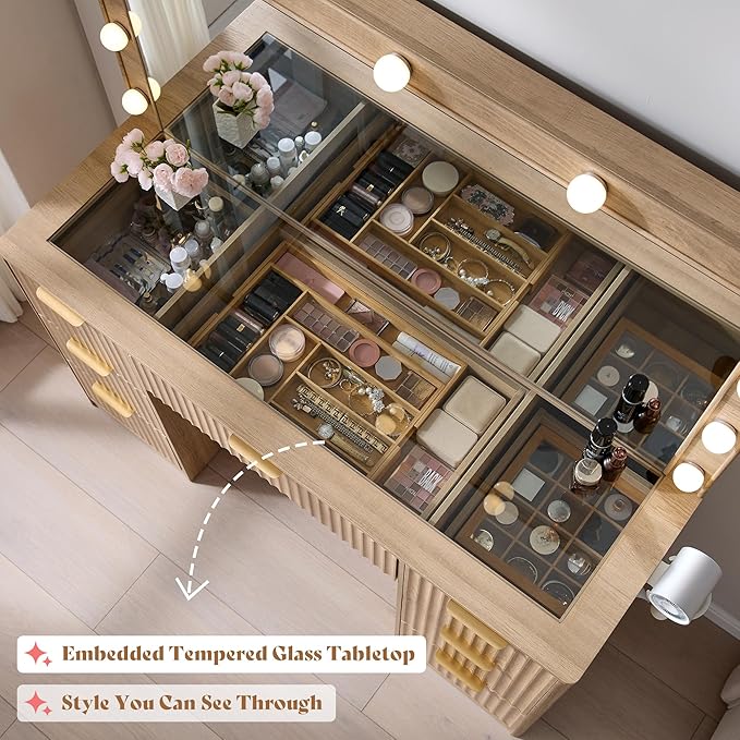 AMERLIFE 47.2" Fluted Vanity Desk with Large Mirror and Adjustable LED Lights, 7 Drawers Makeup Table with Glass Top and Charging Station for Women and Girls, Bedroom or Dorm, Oak