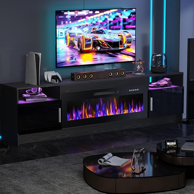 Ludatido 80 Inch TV Stand with 42 inch Electric Fireplace 27 Inch high LED Light Entertainment Center with 3 Open Storage compartments for TVs Up to 90" Black