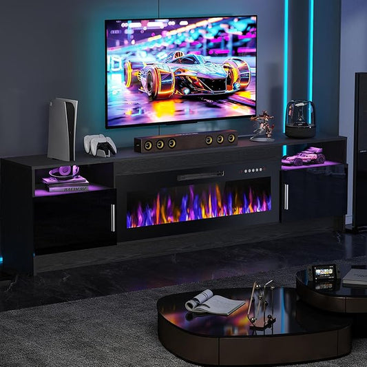 Ludatido 80 Inch TV Stand with 42 inch Electric Fireplace 27 Inch high LED Light Entertainment Center with 3 Open Storage compartments for TVs Up to 90" Black