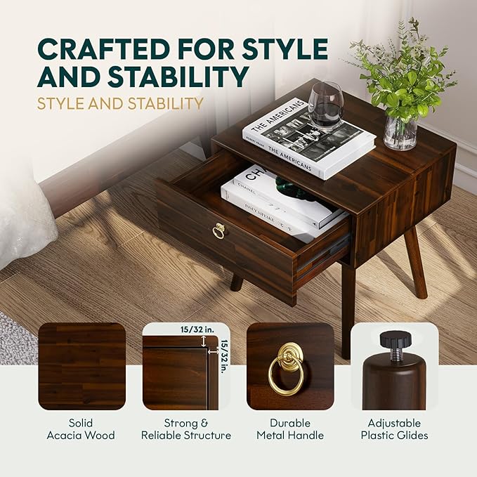 Bme Alden Wood Nightstand, Solid Wood End Table, Mid Century Modern Nightstand, Side Table with 1 Drawer, Compact for Bedroom, Living Room & Study Room, Easy Assembly, Walnut