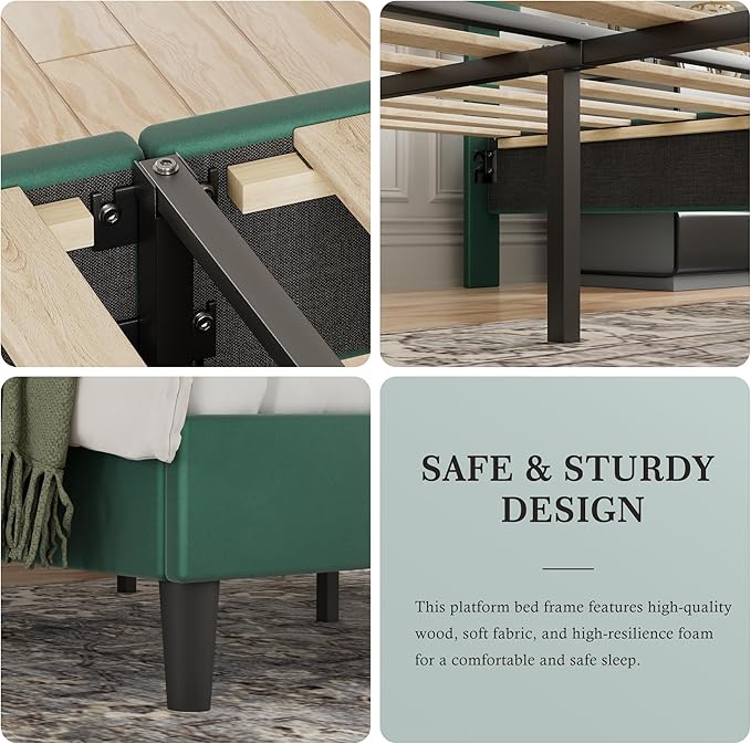 VECELO Queen Bed Frames, Upholstered Platform Bedframe, Adjustable Headboard, Wood Slat Support, No Box Spring Needed, Easy Assembly, Dark Green