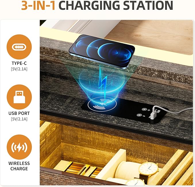 HNEBC 40" W Makeup Vanity Desk with Sliding Mirror and Lights,Farmhouse LED Vanity Set with Jewelry Armoire,Glass Tabletop Vanity Table with Charger,Adjustable Cabinet,6 Drawers,10 Shelves (Oak)