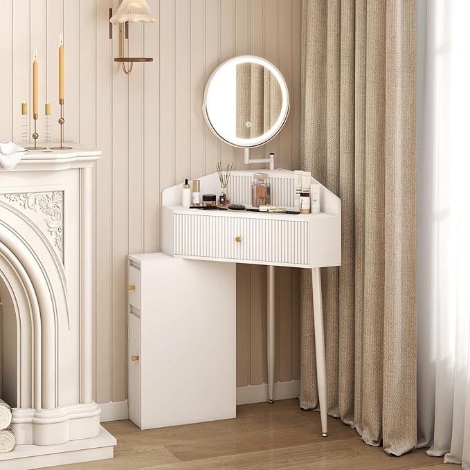 ARTETHYS Corner Vanity Desk with Retractable and Rotating Mirror and Lights Small Modern White Makeup Vanity Set with Glass Top for Women Compact Girls Dressing Table with Drawer for Small Space