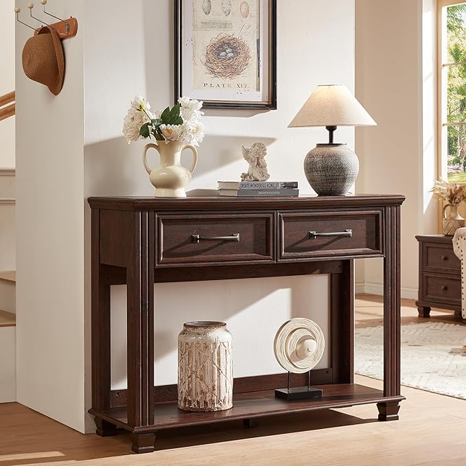 Farmhouse 46" Console Table with 2 Drawers, Rustic Wood 2 Tier Entryway Table with Open Storage Shelf for Entry, Large Mid-Century Vintage Sofa Tables Behind Couch for Living Room, Walnut