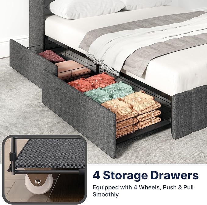 Full Size Bed Frame with 4 Storage Drawers & Adjustable LED Light, Upholstered Full Size Platform Bed Frame with Storage Wingback Headboard, Easy Assembly, Dark Grey