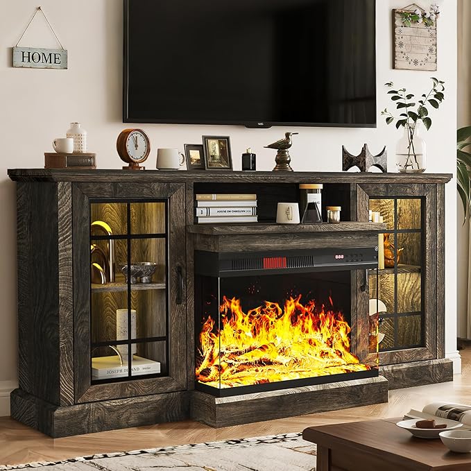 MXV 59'' Fireplace TV Stand, Farmhouse Entertainment Center with 3 Sided Glass TV Stand, Modern Media Console Table with Storage Drawers & Cabinets with LED Flame and Lights for Living Room, Gray