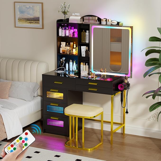 RGB Vanity Desk with Sliding Mirror and Lights,Makeup Vanity with Charging Station,LED Vanity Table with Glass Top,Girls Vanities Dressing Table Set with Stool&6 Drawers for Bedroom(Black