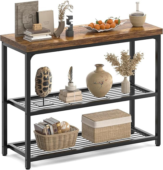 32" Small Console Table, 3-Tier Entryway Table, Sofa Table with Mesh Shelves, Console Tables for Living Room, Bedroom, Hallway, Entryway, Foyer, Rustic Brown