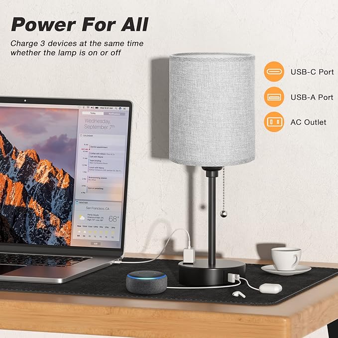 Grey Nightstand Lamps 3 Color Temperatures - 2700K 3500K 5000K Bedside Lamps with USB C and A Ports, Pull Chain Table Lamps with AC Outlet, Small Lamps with Black Metal Base for Sleeping Reading