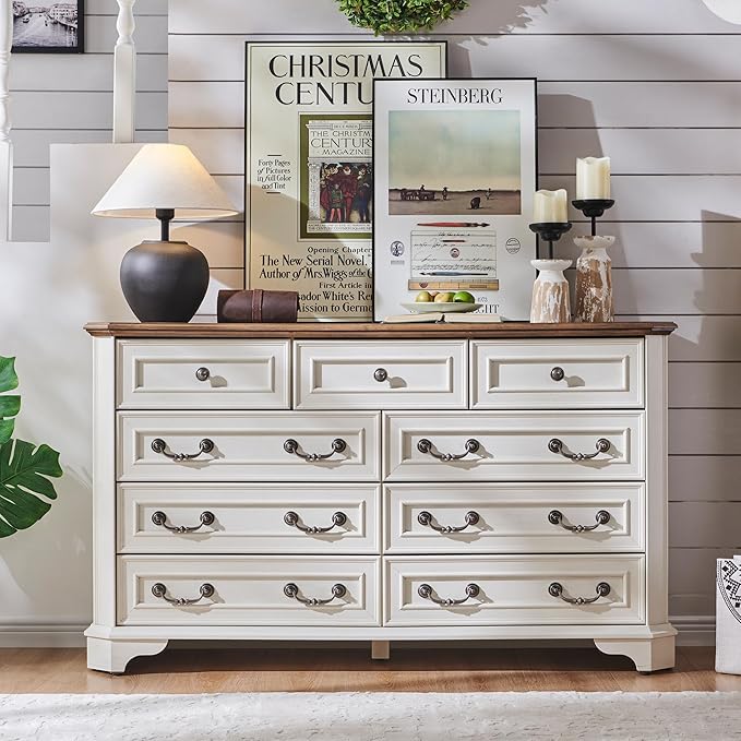 T4TREAM Farmhouse 9 Drawers Dresser for Bedroom, 54" Wide Wood Rustic Chest of Drawers with Natural Texture, Vintage Design, Storage Dressers Organizer for Bedroom, Living Room, Hallway, Antique White