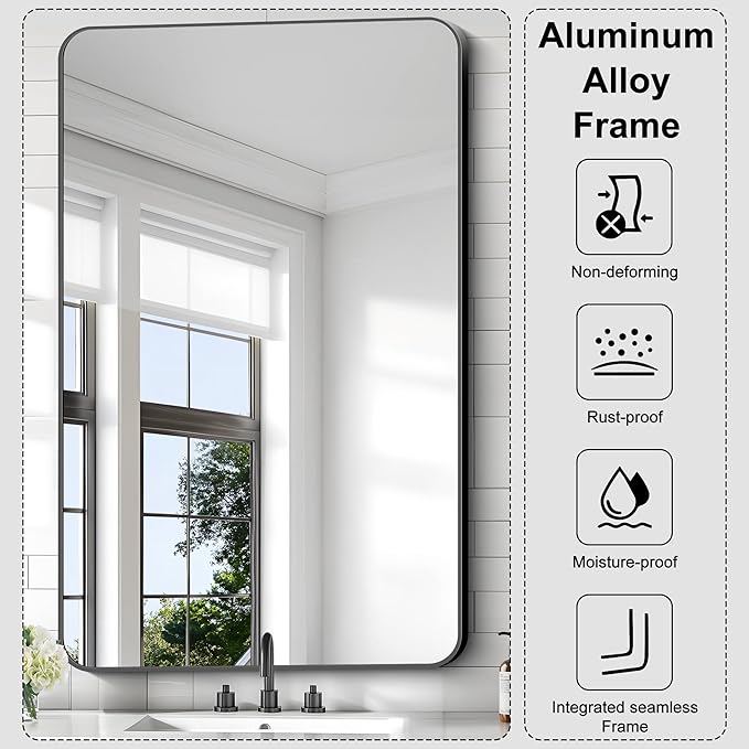 KOCUUY Black Bathroom Vanity Mirror, 30 x 48 inch Metal Frame Mirror with Rounded Corner, Rectangle Design of Upgraded Shatterproof Glass for Bathroom, Bedroom, Living Room, Entryway