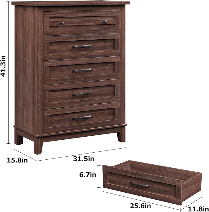 GarveeHome 5 Dresser for Bedroom, 41.3" Tall Vertical Drawer Dresser with Large Storage, Freestanding Wooden Closet Chest for Bedroom, Living Room, Walunt