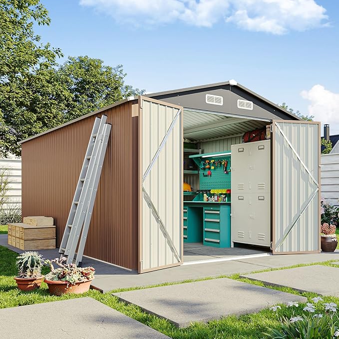 8x15 FT Metal Outdoor Storage Shed, Dual Doors with Lockable Bolts, Large Garden Shed for Yard Tools, Bike, Generator, Waterproof Galvanized Steel Panel with Vent & Sloping Roof(Brown)