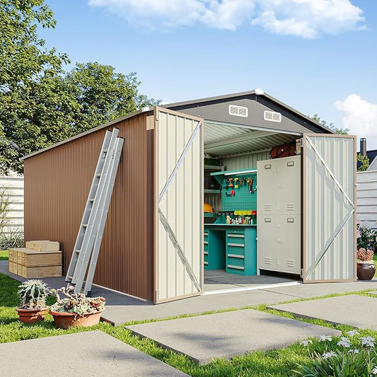 8x15 FT Metal Outdoor Storage Shed, Dual Doors with Lockable Bolts, Large Garden Shed for Yard Tools, Bike, Generator, Waterproof Galvanized Steel Panel with Vent & Sloping Roof(Brown)